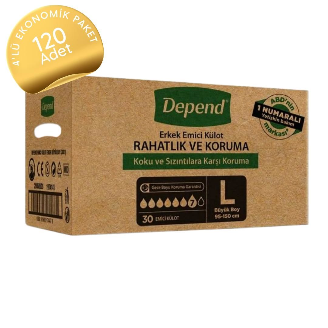 Depend Erkek Emici Külot Hasta Bezi Büyük Boy (L) 30'lu 120 Adet