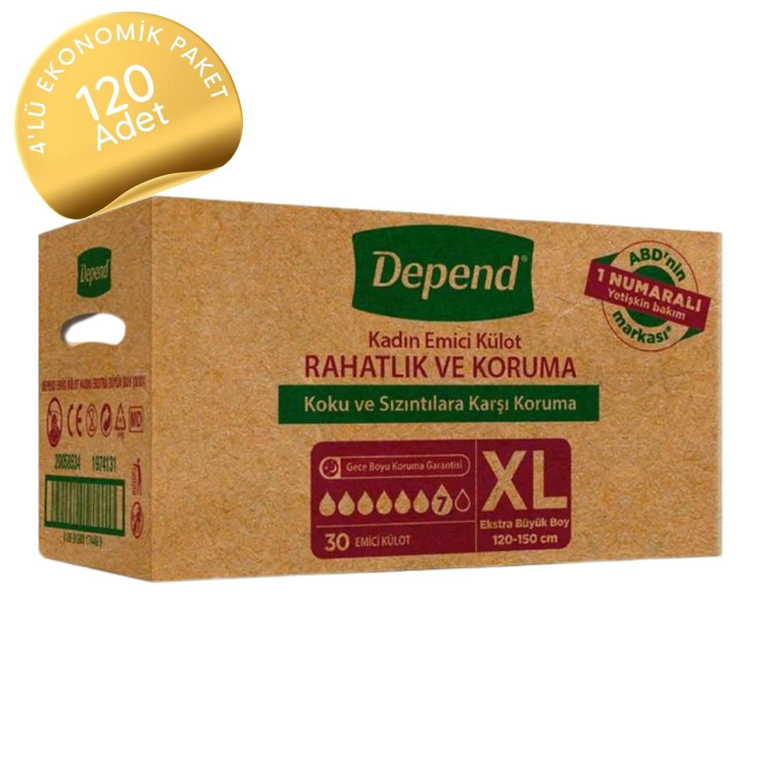 Depend Kadın Emici Külot Hasta Bezi Ekstra Büyük (XL) 30'lu 120 Adet
