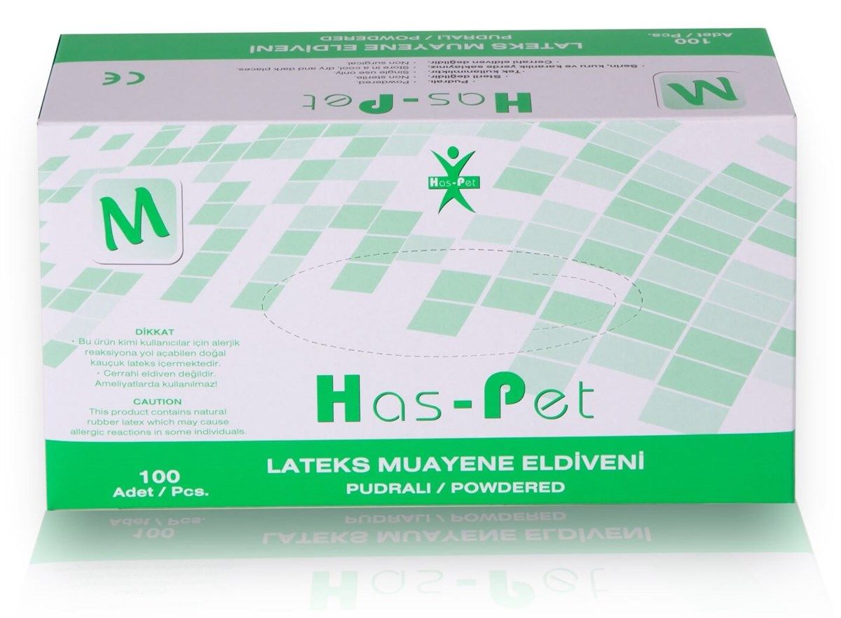 Has-pet Lateks Pudralı Muayene Eldiveni (M) 100lü 6 Kutu