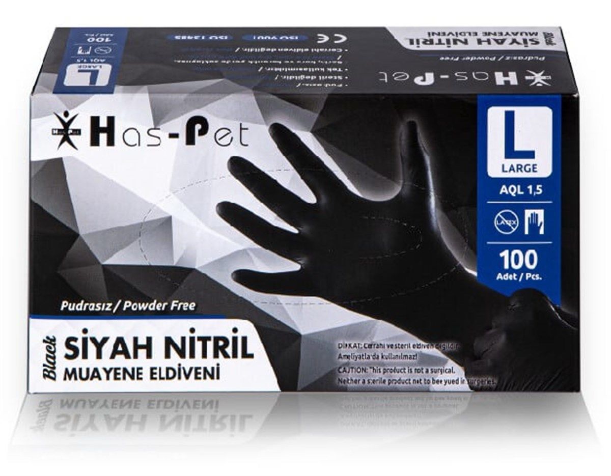 Has-Pet Siyah Nitril Eldiven (L) 100lü 12 Kutu